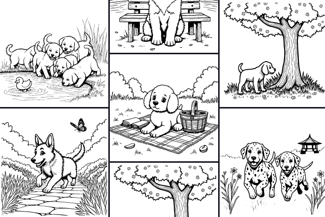 Collection of coloring pages Puppies in the Park